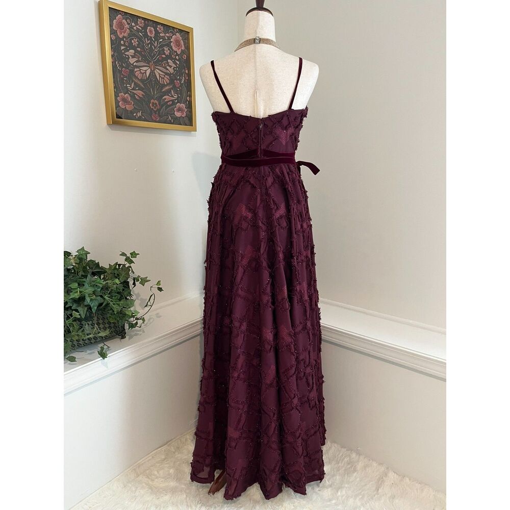 Badgley Mischka Burgandy Fairytale Dress with Velvet Belt Hidden Pockets - Picture 5 of 11